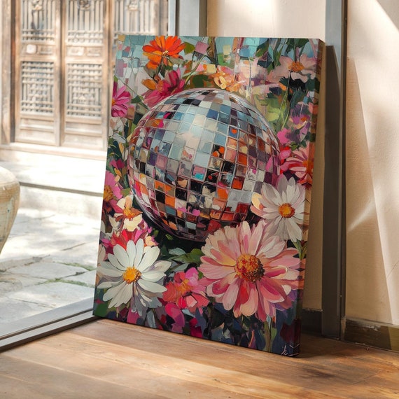 Vibrant Disco Ball In Floral Garden Modern Floral Wall Art Bold And Colorful Abstract Painting Unique Retro Aesthetic Decor