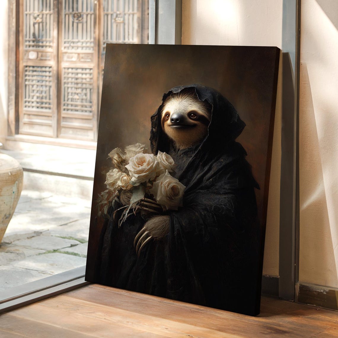 Gothic Sloth in Black Cloak Holding White Roses Dark Art Poster