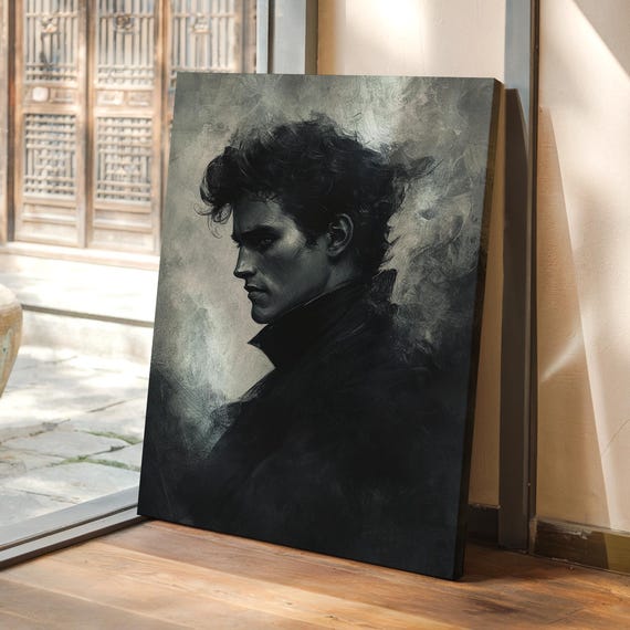 Moody Gothic Male Portrait Print Dark Romantic Man In Black Coat Dramatic Monochrome Wall Art For Literary Or Vampire Decor
