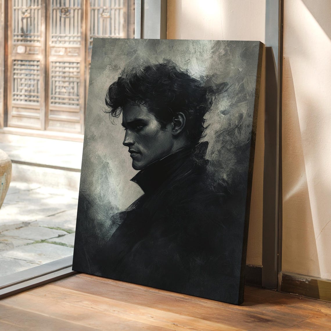 Moody Gothic Man In Black Coat Dramatic Monochrome Portrait Poster