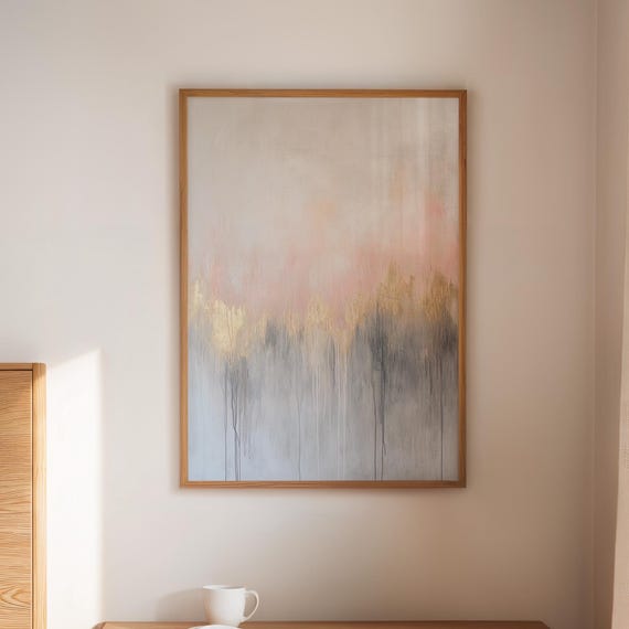 Blush And Gold Abstract Canvas Wall Art Neutral Minimalist Painting With Metallic Accents For Modern Bedroom Or Living Room Decor