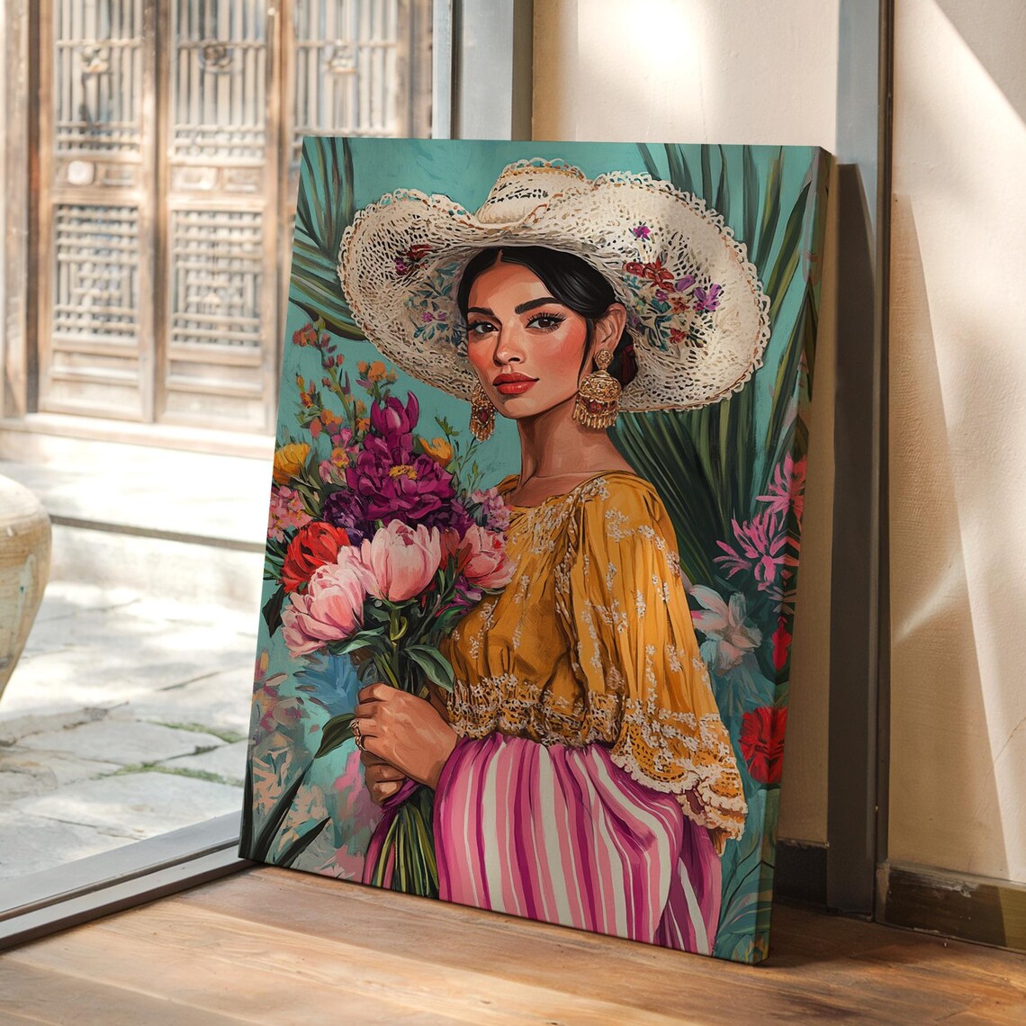 Mexican Woman in Floral Hat Holding Bouquet Latin Heritage Poster