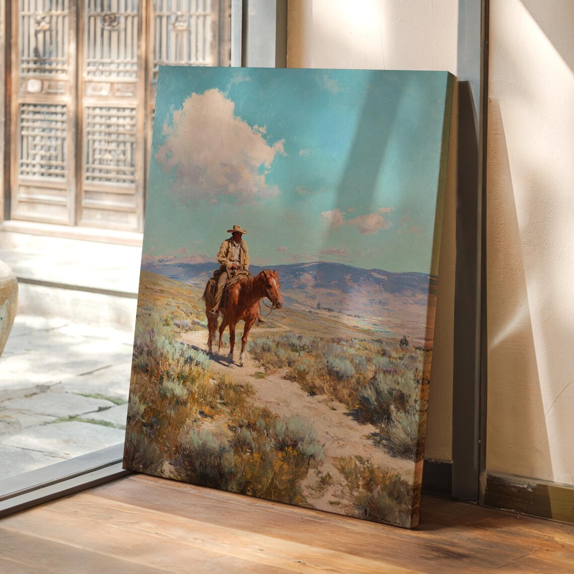 Lone Cowboy Riding Horse Through Desert Trail Western Landscape Poster