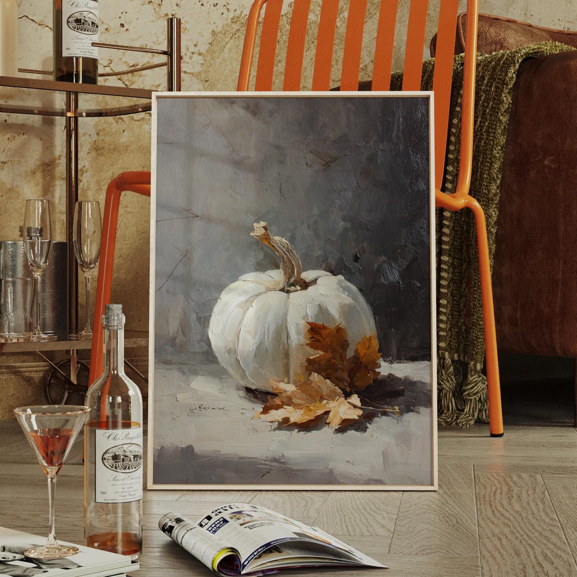 White Pumpkin Fall Oil Painting Rustic Autumn Still Life Poster