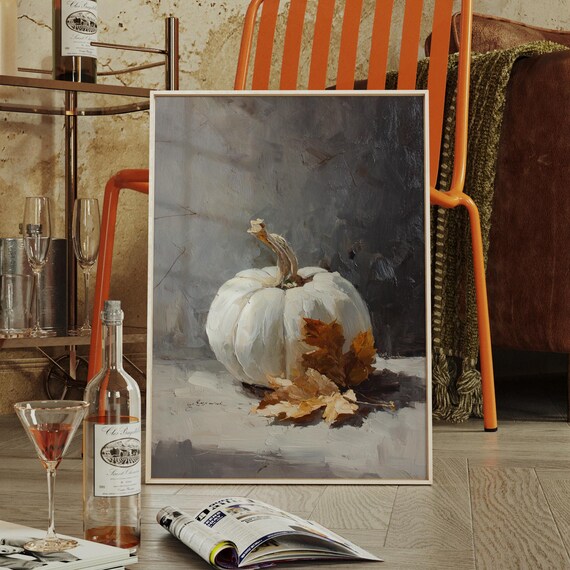 White Pumpkin Fall Oil Painting Rustic Autumn Still Life Poster