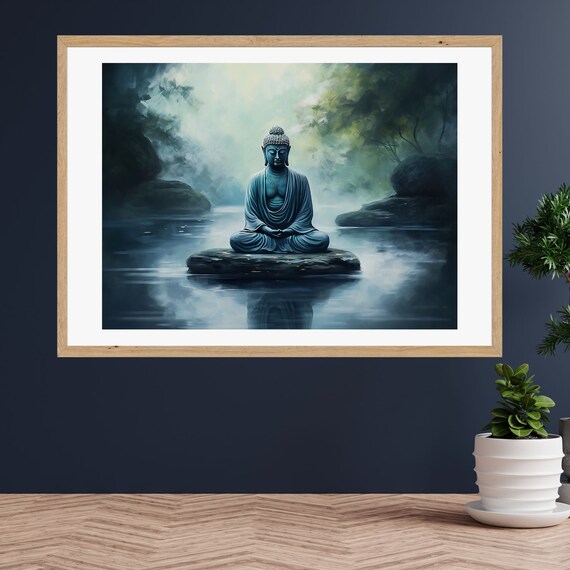 Blue Buddha Statue Meditating on a Rock in a Misty Lake Poster