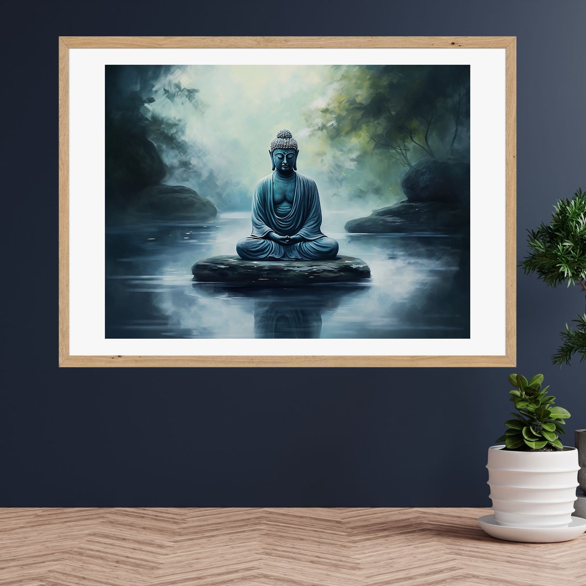 Blue Buddha Statue Meditating on a Rock in a Misty Lake Poster