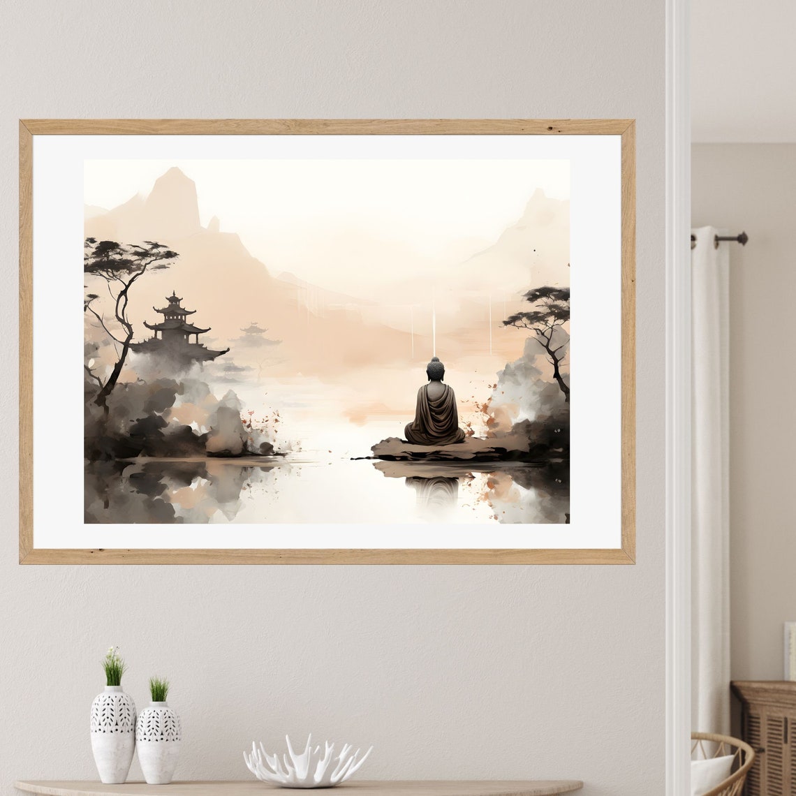 Monk Meditating on Rock by Misty Mountain Lake Serene Poster