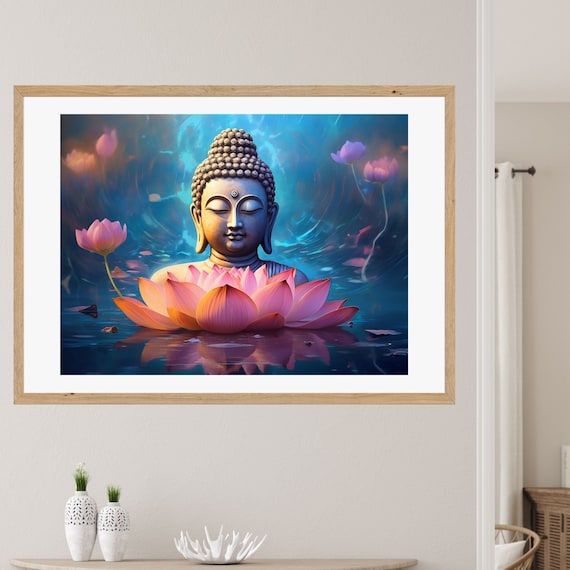 Buddha Head Behind Pink Lotus Blue Water Meditation Wall Art