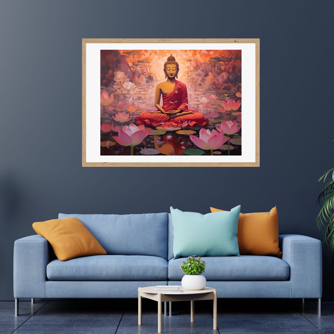 Buddha Meditating Among Pink Lotus Flowers at a Warm Sunset Poster - Image 3