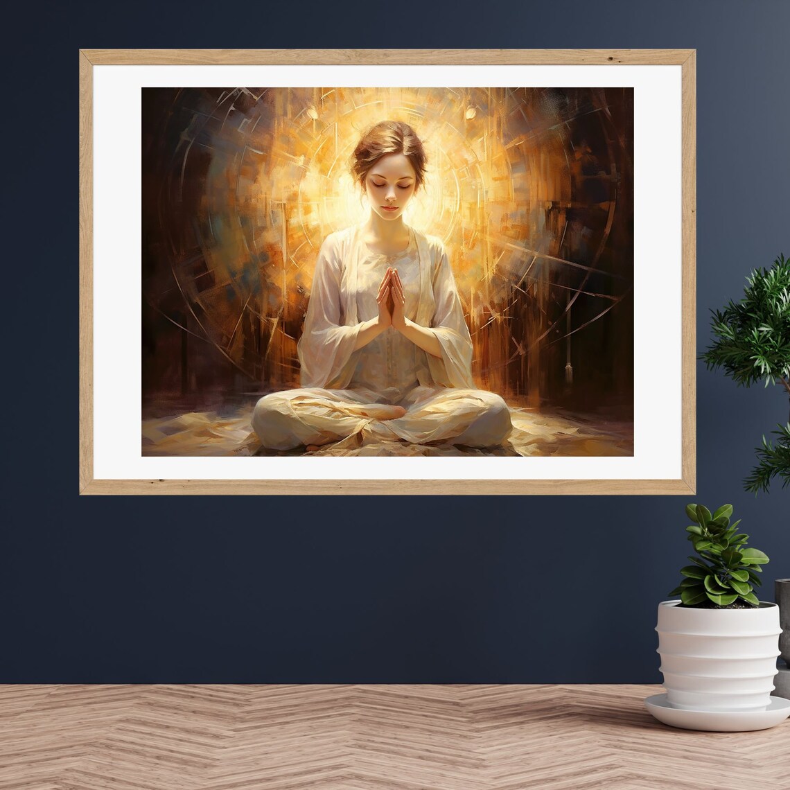Praying Woman in White Bathed in a Golden Radiant Halo Poster - Image 2