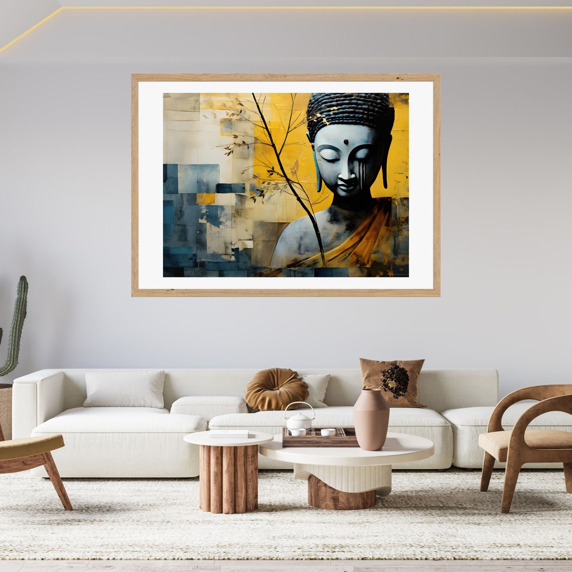 Abstract Buddha Portrait with Mustard Yellow Background Poster - Image 2