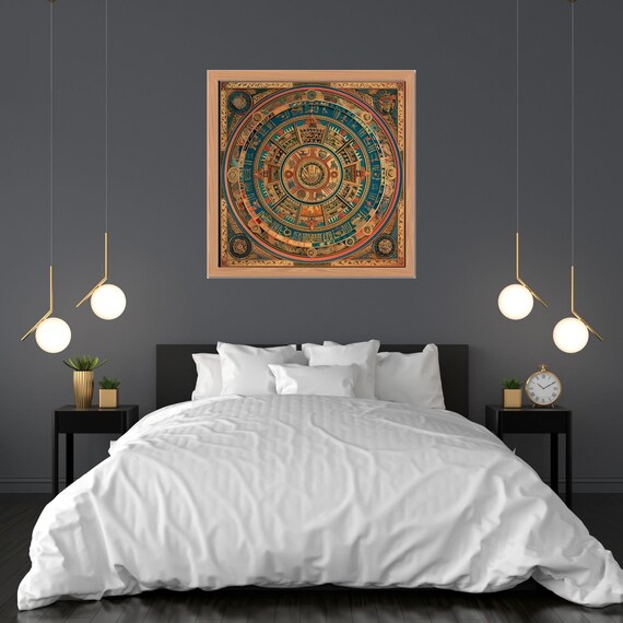 Colorful Aztec Calendar Style Circular Mandala in Rich Tones Poster