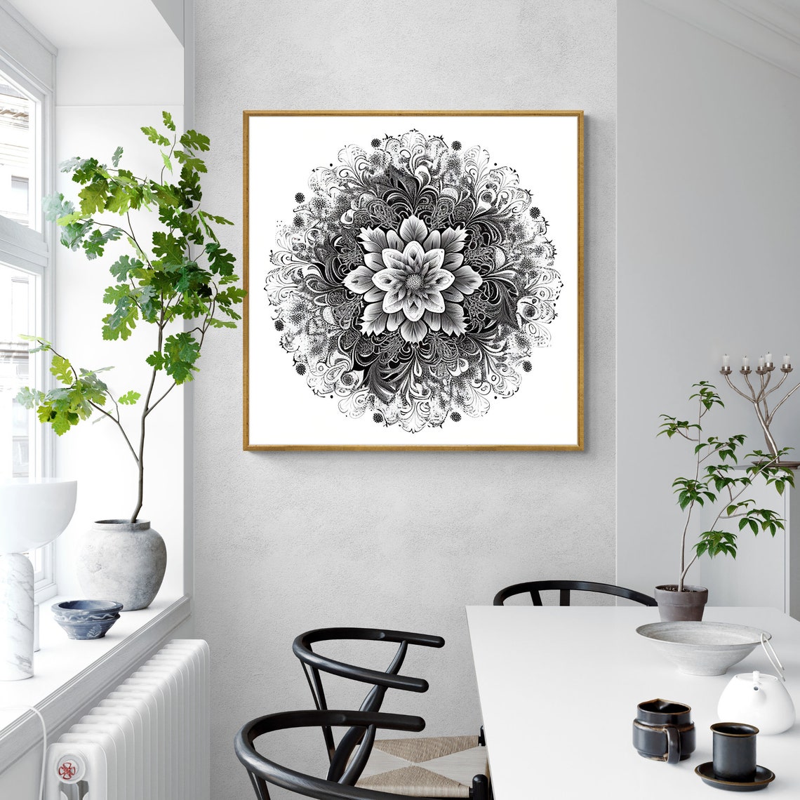 Black and White Smoky Floral Mandala with a Bold Center Poster - Image 3