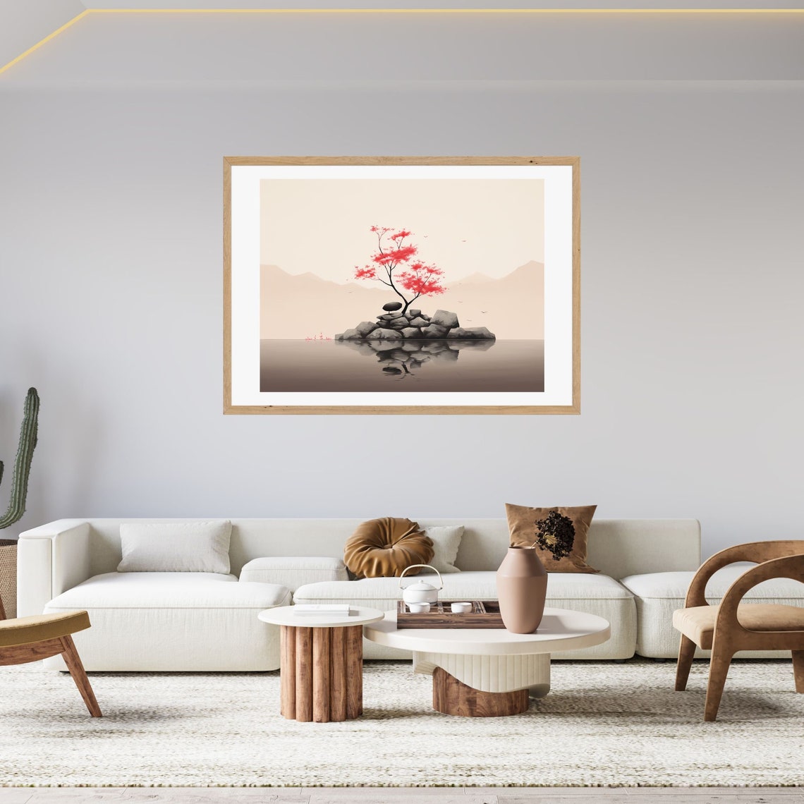 Red Maple Tree on Rocky Island Misty Water Japanese Wall Art - Image 2