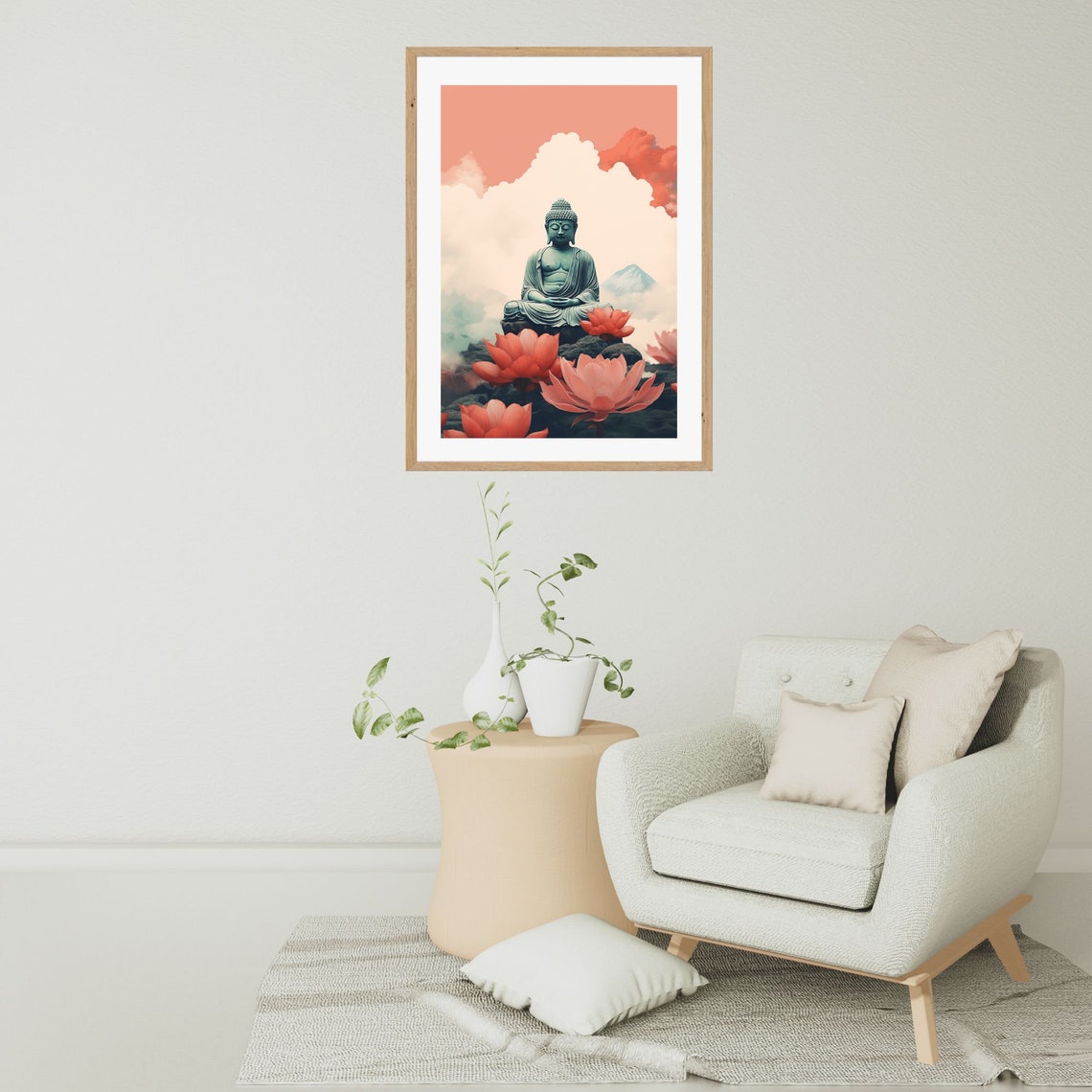 Teal Buddha Statue Among Giant Red Lotuses Coral Sky Wall Art - Image 2
