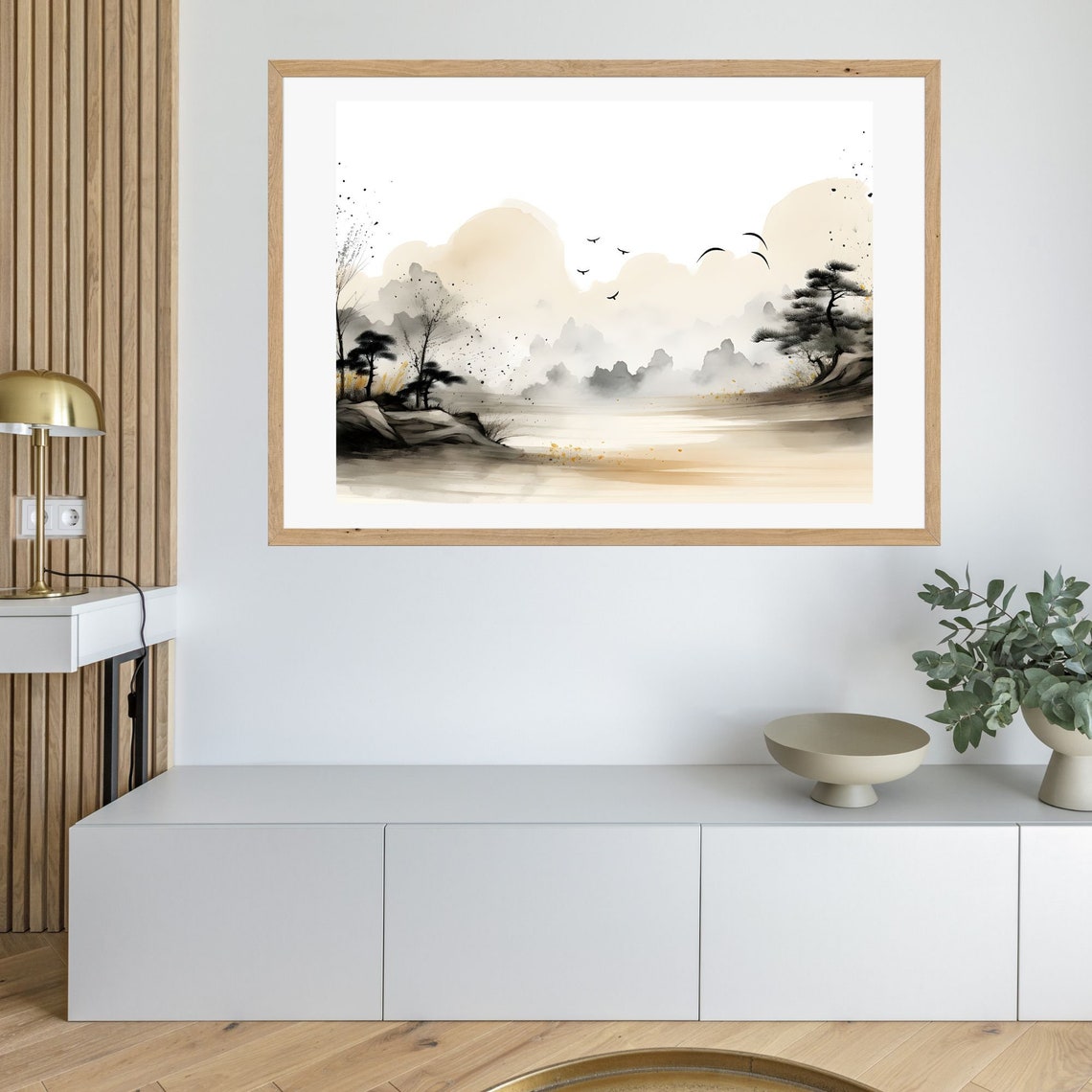 Misty Ink Wash Lake Landscape with Pine Trees and Birds Poster - Image 3