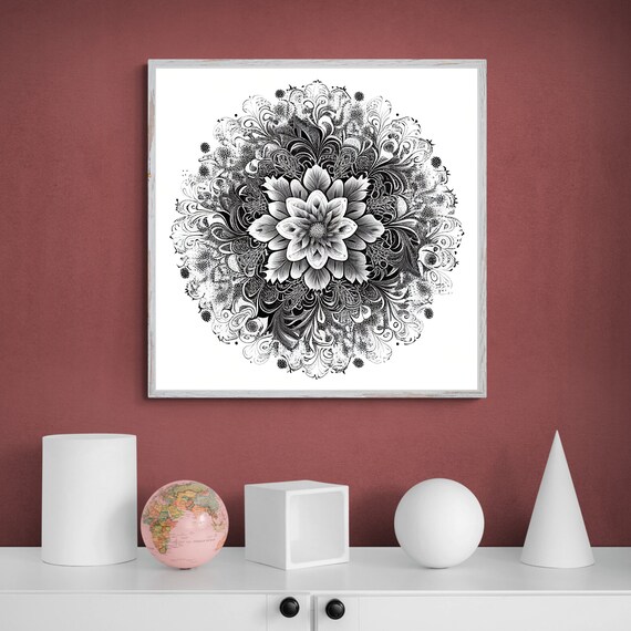 Black and White Smoky Floral Mandala with a Bold Center Poster