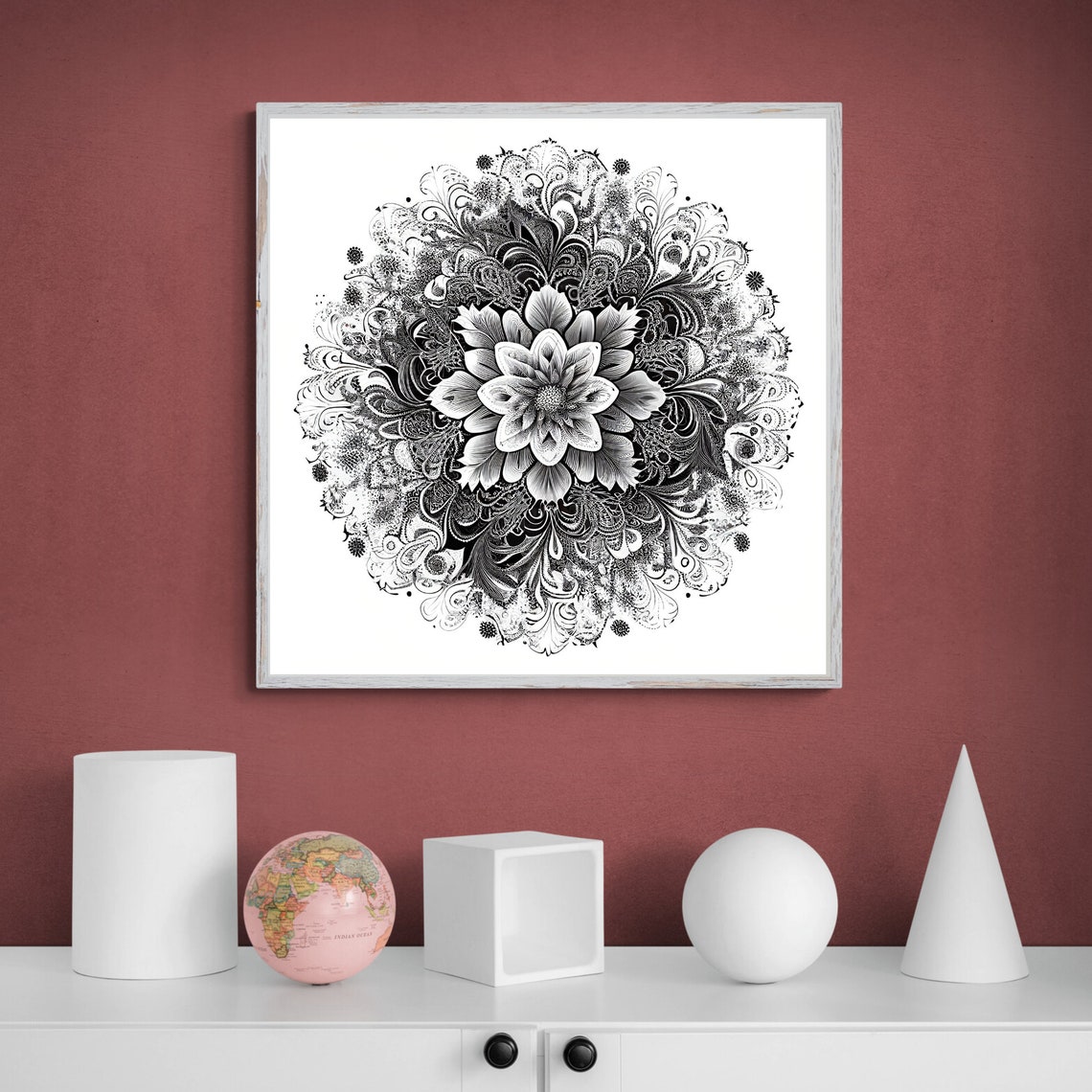 Black and White Smoky Floral Mandala with a Bold Center Poster