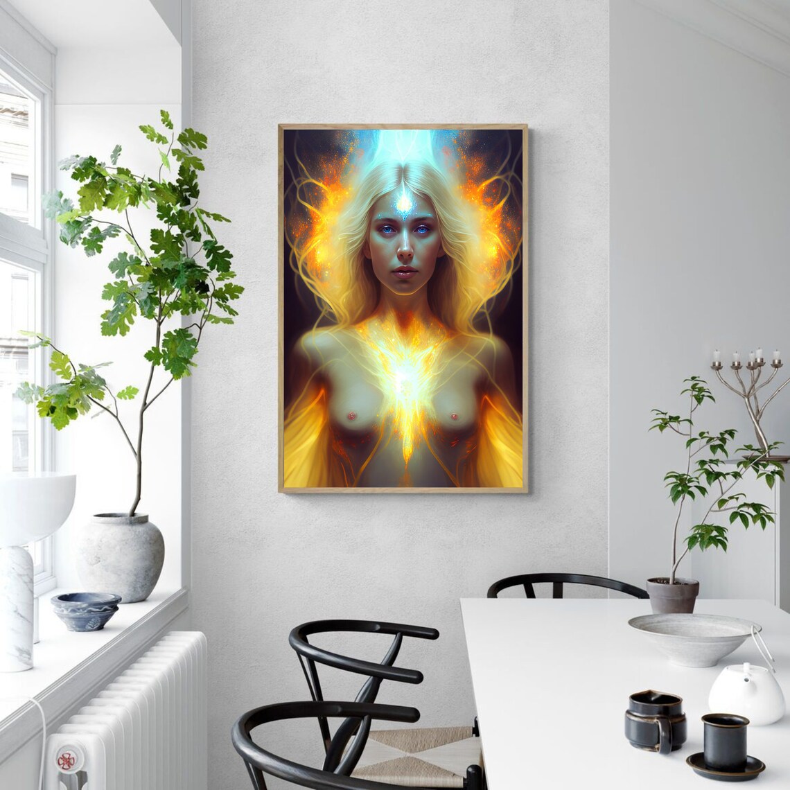 Golden Aura Woman with Glowing Fire Energy Portrait Art Poster - Image 3