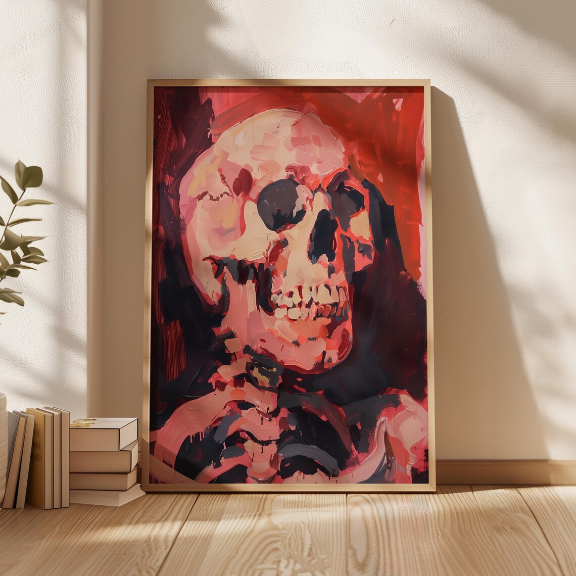 Gothic Skull Oil Painting Pink Red Black Expressionist Skeleton Art Print - Image 4