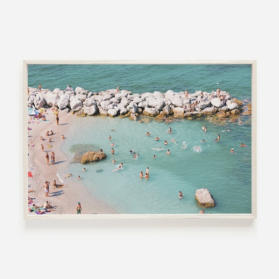 Italy Beach Cove Aerial Swimmers Turquoise Water Travel Poster