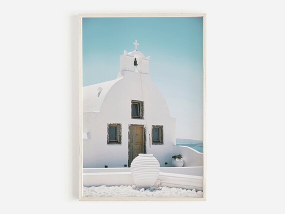 Santorini Greece White Cycladic Church Bell Tower Pebbles Travel Poster