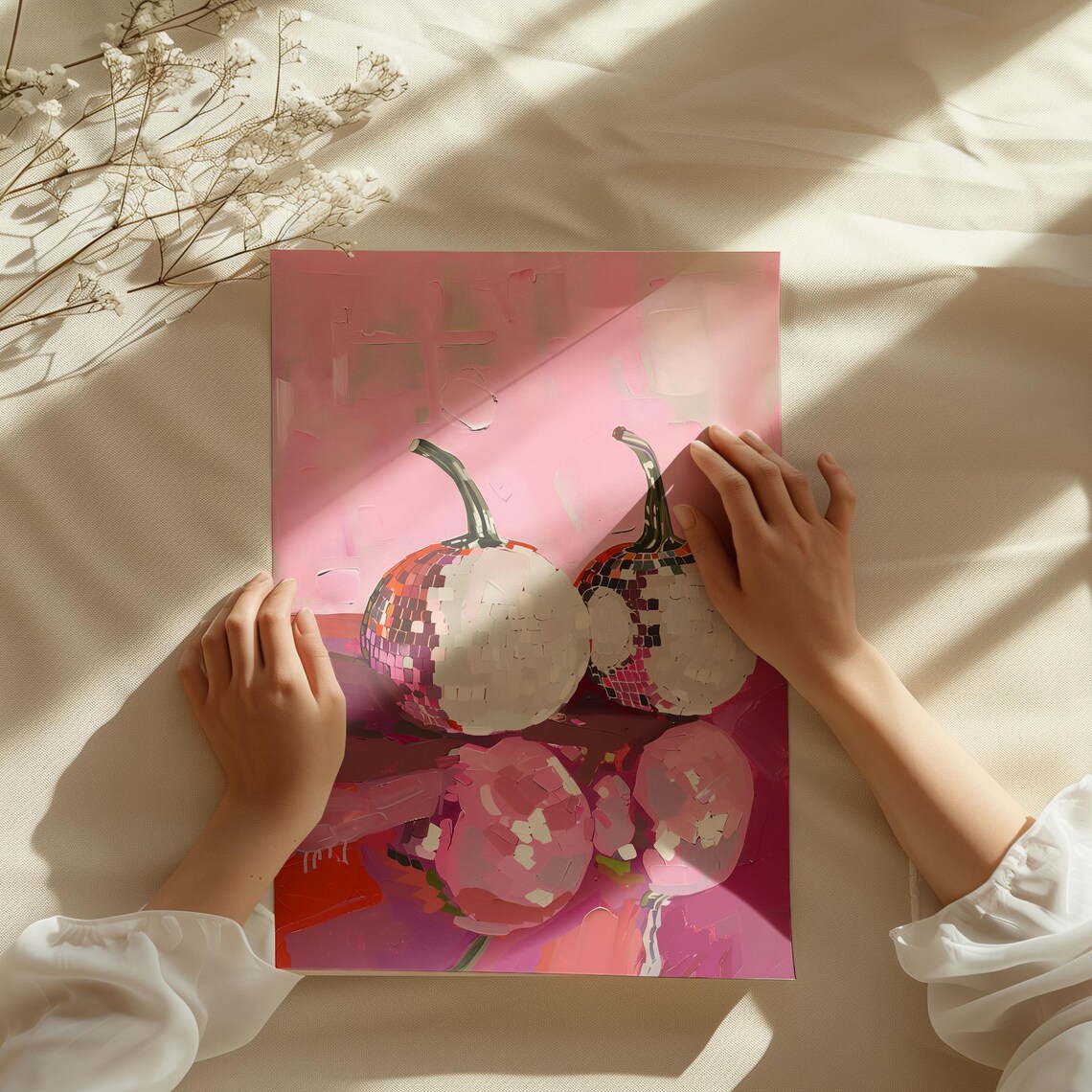 Disco Ball Pumpkin Painting Pink Retro Halloween Party Fall Wall Art Print - Image 3