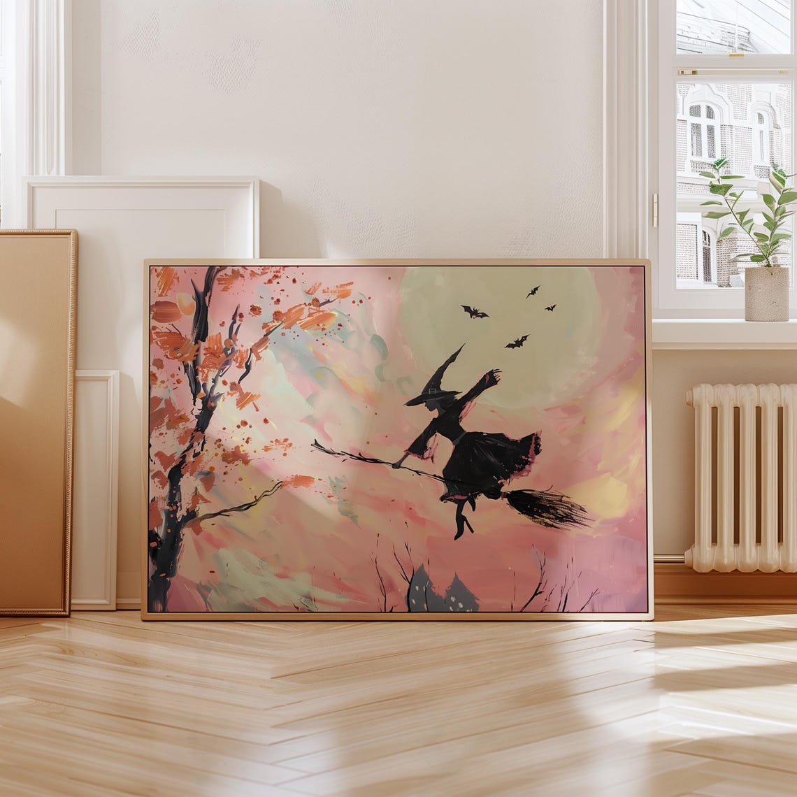 Witch Flying On Broomstick Pink Sunset Halloween Painting Art Poster - Image 4