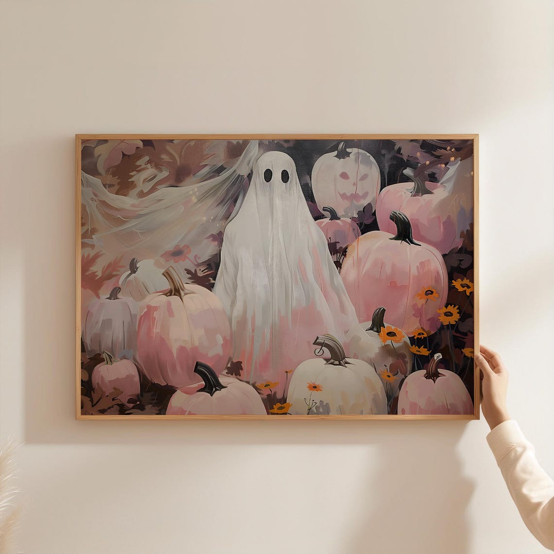 Cute Sheet Ghost In Pink Pumpkin Patch Halloween Painting Art Poster - Image 3