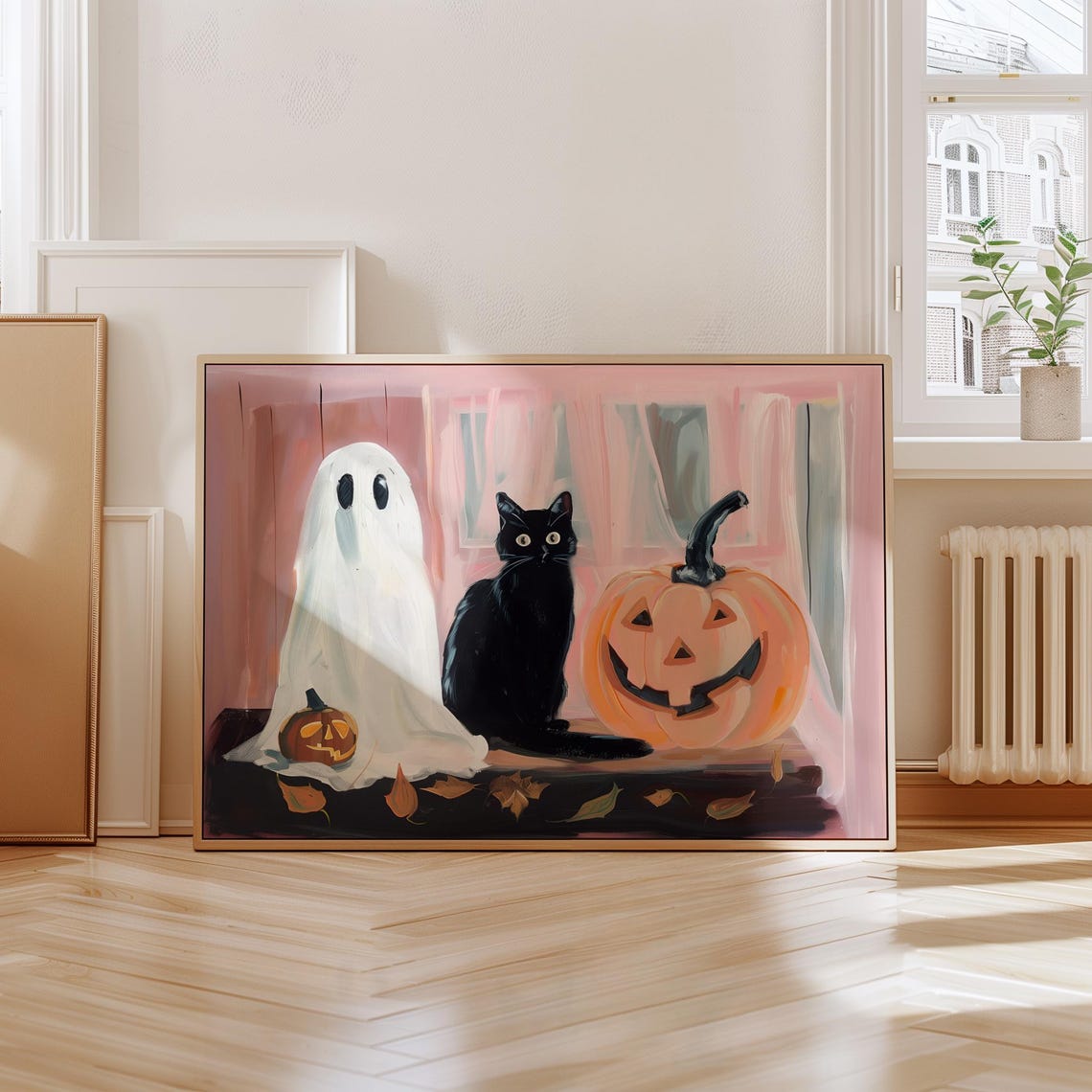 Cute Ghost Black Cat Jack O Lantern Pink Halloween Painting Art Poster - Image 4