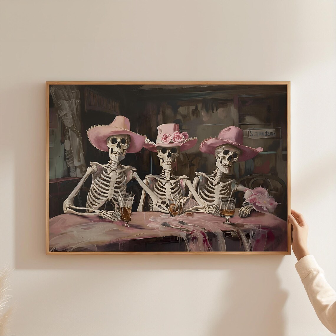 Three Cowgirl Skeletons Bar Scene Painting Pink Halloween Western Wall Art Print - Image 3