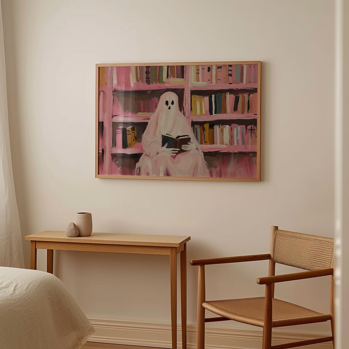 Ghost Reading Book in Pink Library Painting Spooky Bookworm Wall Art Print - Image 2
