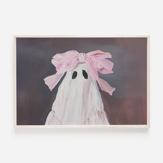 Pink Bow Ghost Painting Cute Spooky Sheet Ghost Pastel Halloween Art Print