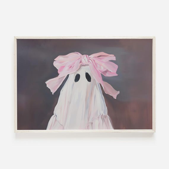 Pink Bow Ghost Wall Art Cute Ghost Poster Halloween Decor Pastel Spooky Decor Preppy Aesthetic Pink Bow Ghost Girly Ghost