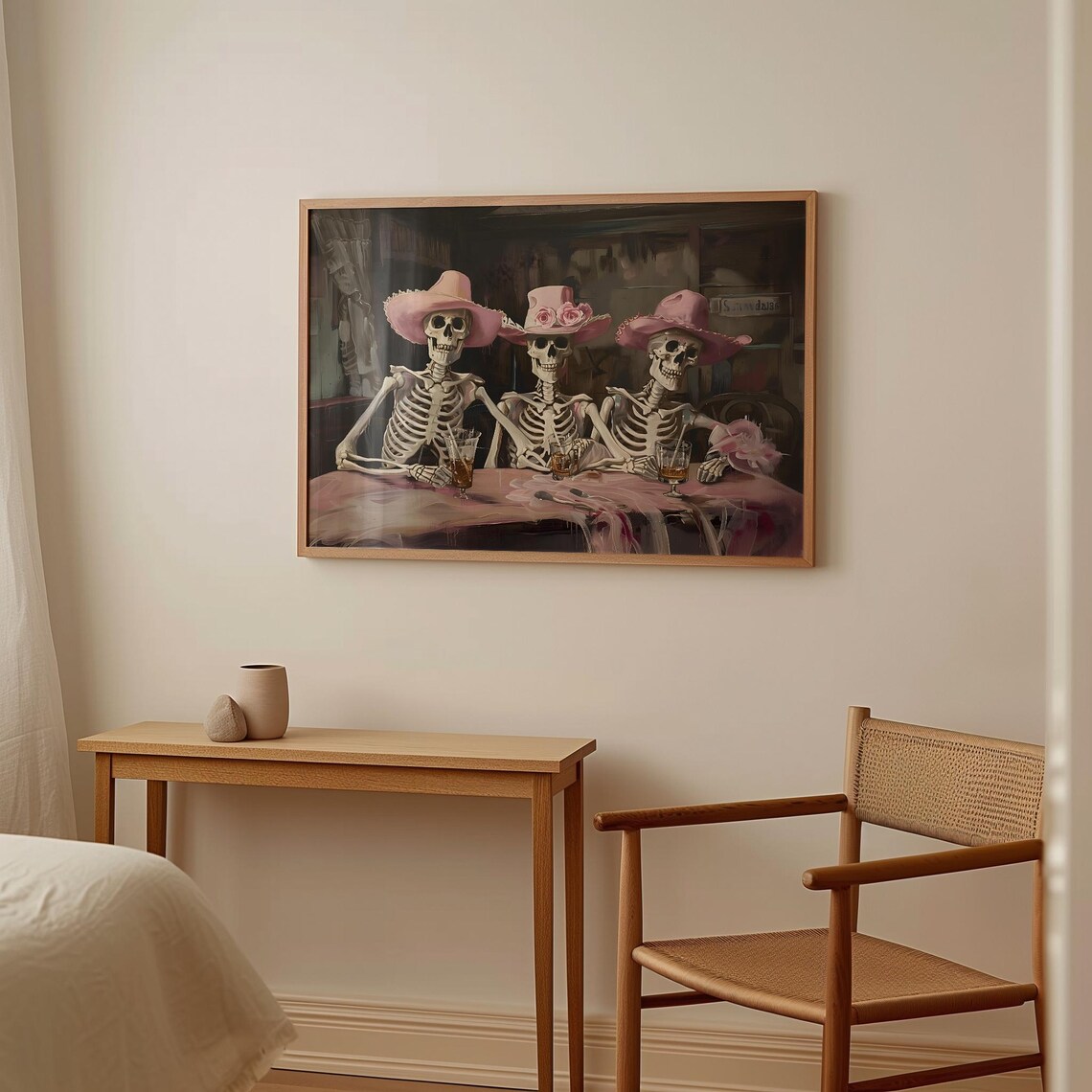 Three Cowgirl Skeletons Bar Scene Painting Pink Halloween Western Wall Art Print - Image 2