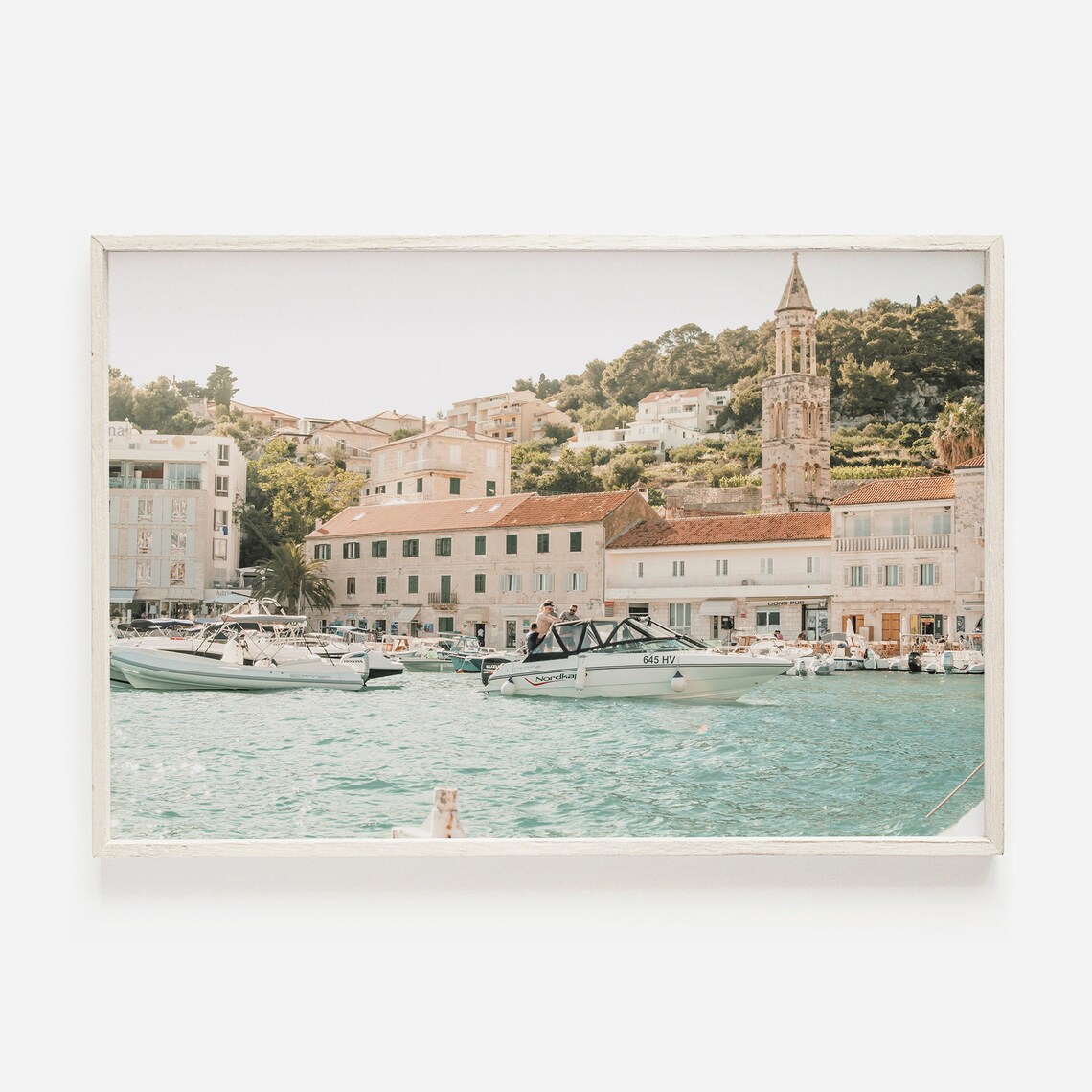Croatian Island Harbor Town Boats Bell Tower Turquoise Water Poster