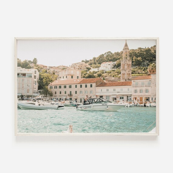 Croatian Island Harbor Town Boats Bell Tower Turquoise Water Poster