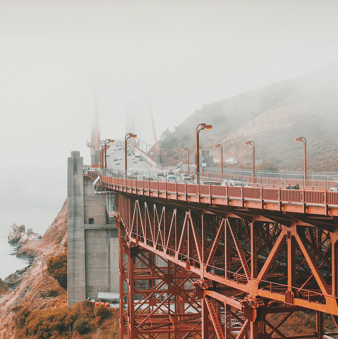 San Francisco Golden Gate Bridge Fog Red Steel Side View Travel Poster - Image 2