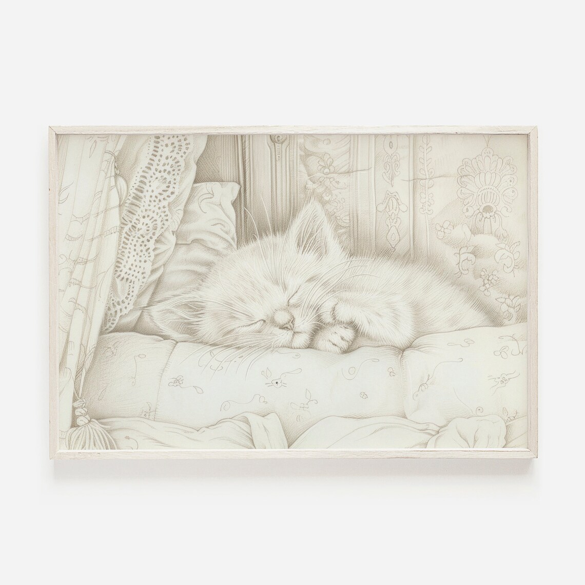 Vintage Kitten Sketch Sleeping White Cat Cottagecore Pencil Art Poster