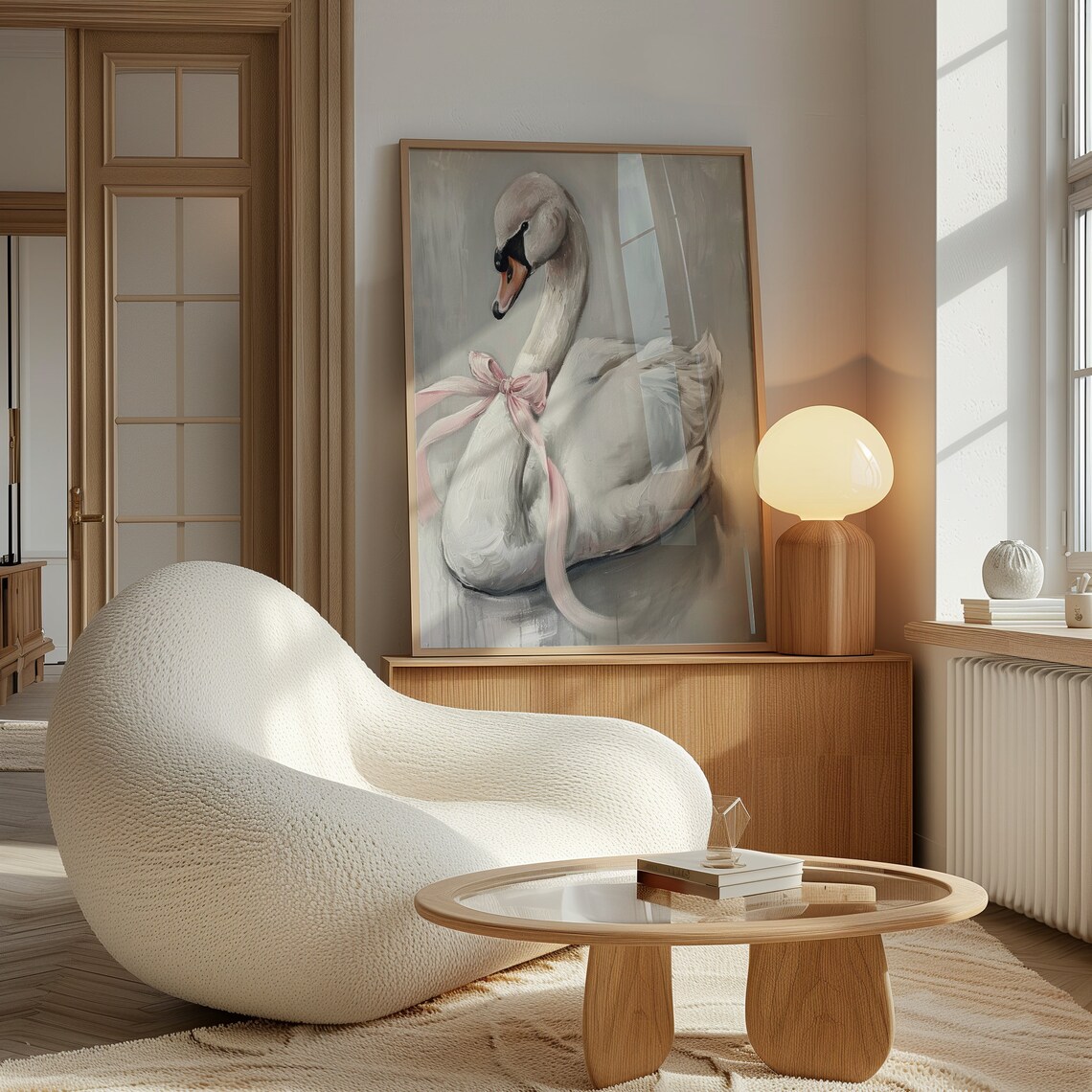 White Swan With Pink Bow Oil Painting Dreamy Coquette Room Wall Art - Image 2