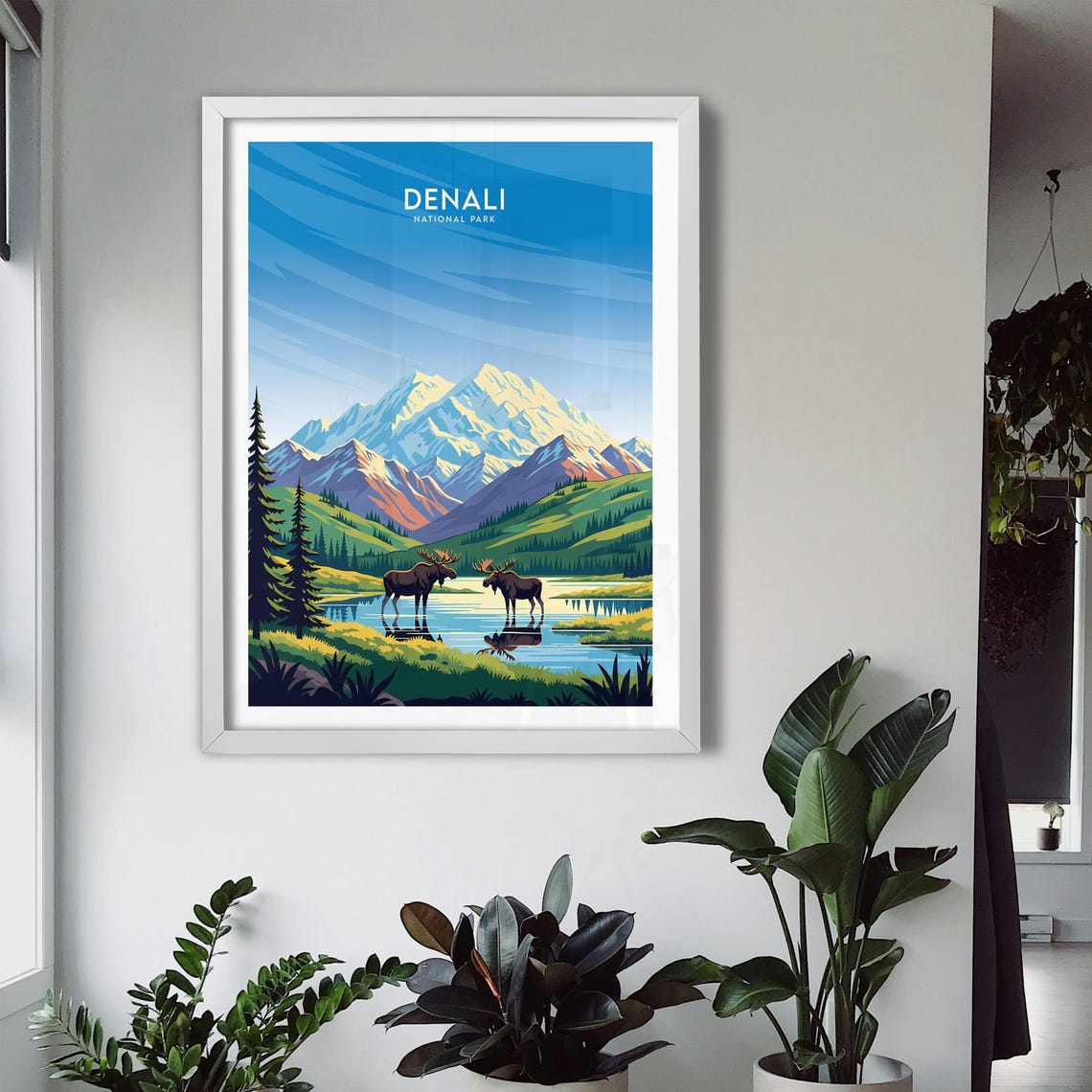 Denali Alaska Bull Moose Pair Wading in Alpine Lake Wildlife Poster - Image 3