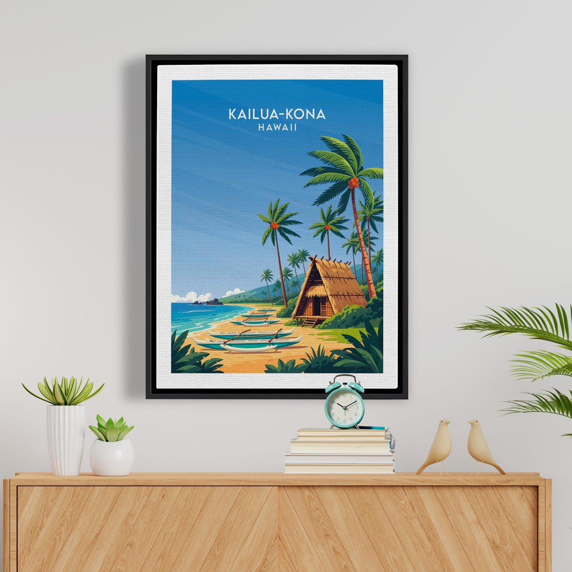 Kailua Kona Hawaii Thatched Hut Outrigger Canoes Beach Retro Poster - Image 5