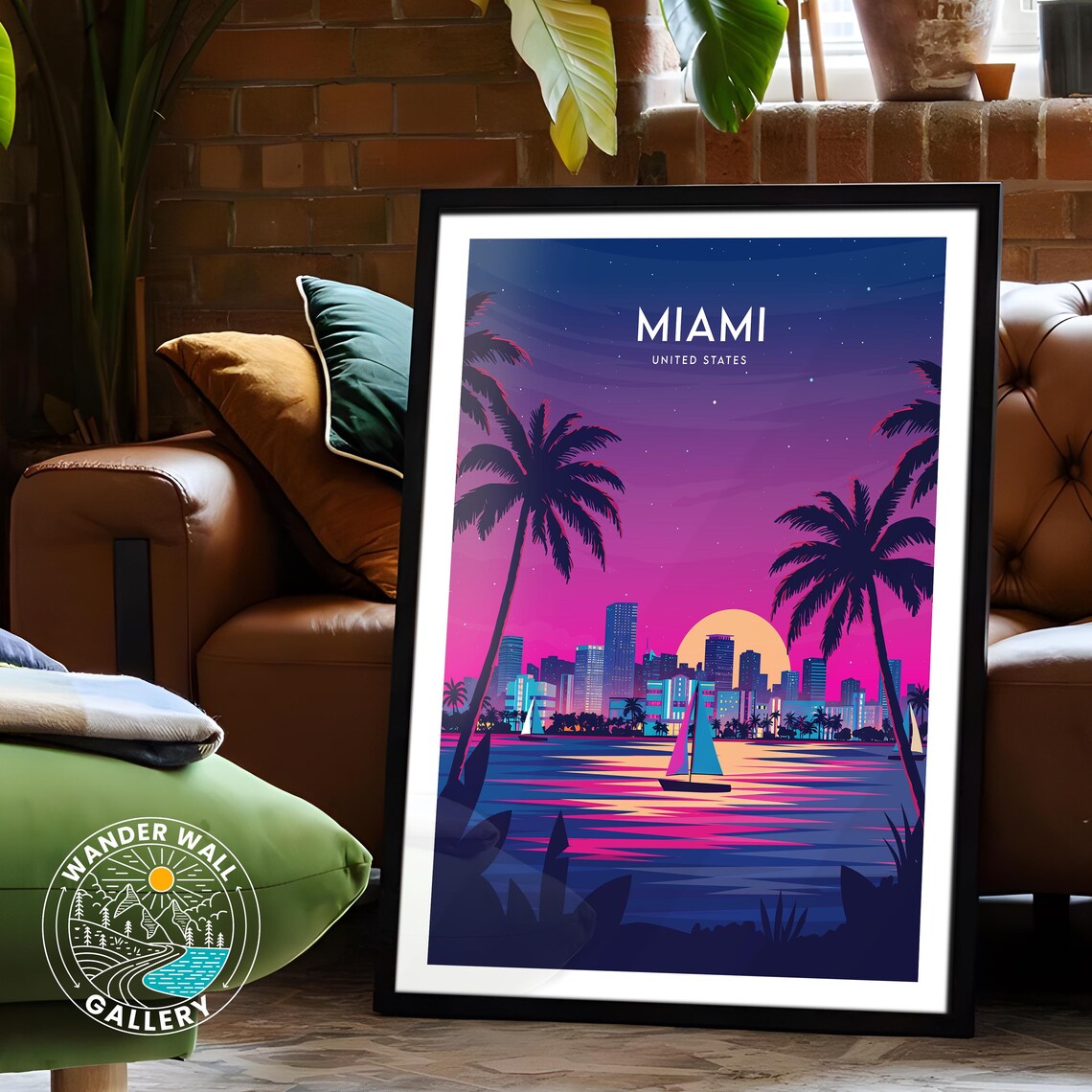 Miami Florida Neon Night Skyline Palm Trees Sailboats Travel Poster - Image 6