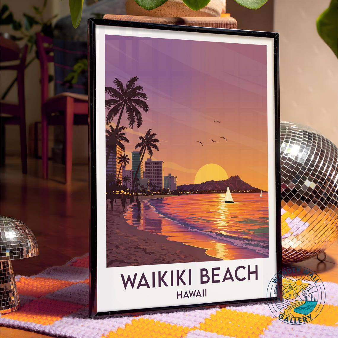 Waikiki Beach Hawaii Sunset Surf Palms Diamond Head Crater Poster - Image 4