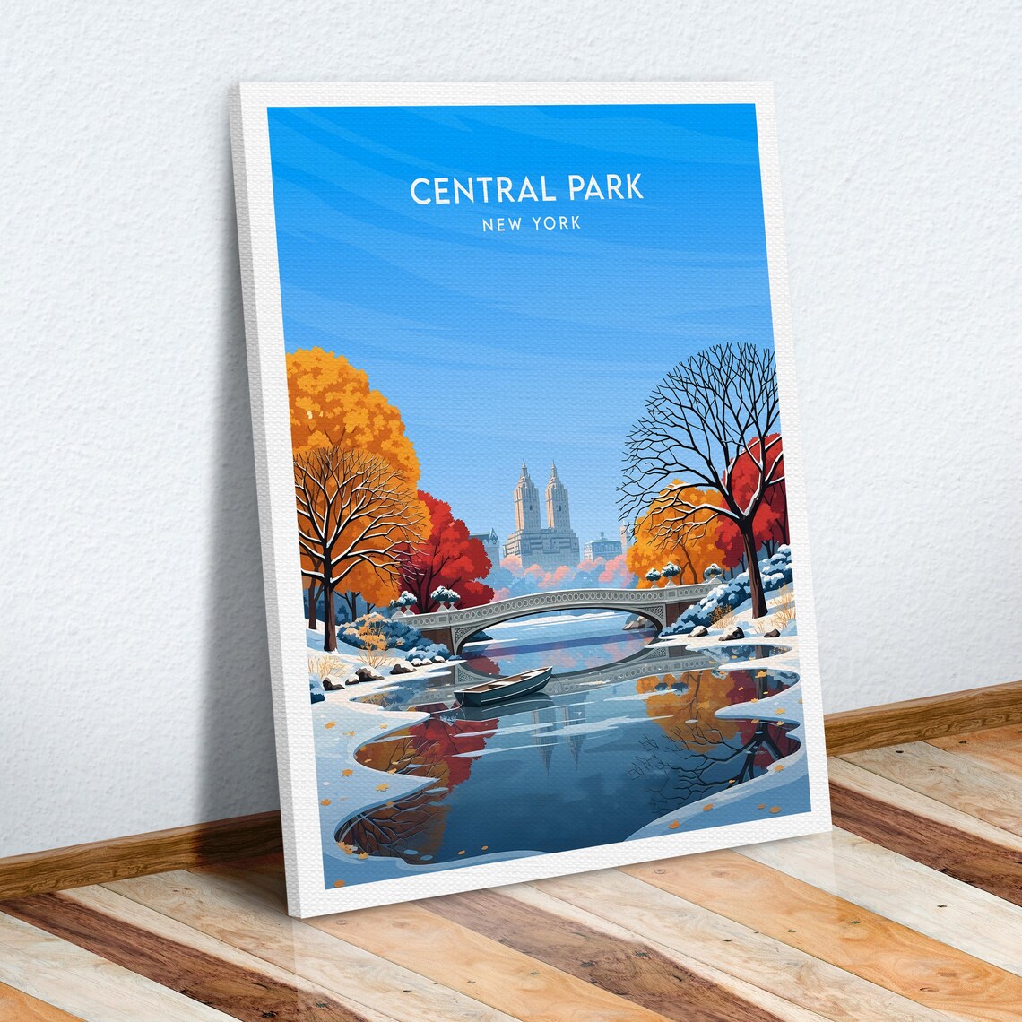 Central Park New York Winter Bow Bridge Snowy Lake Scene Poster - Image 6