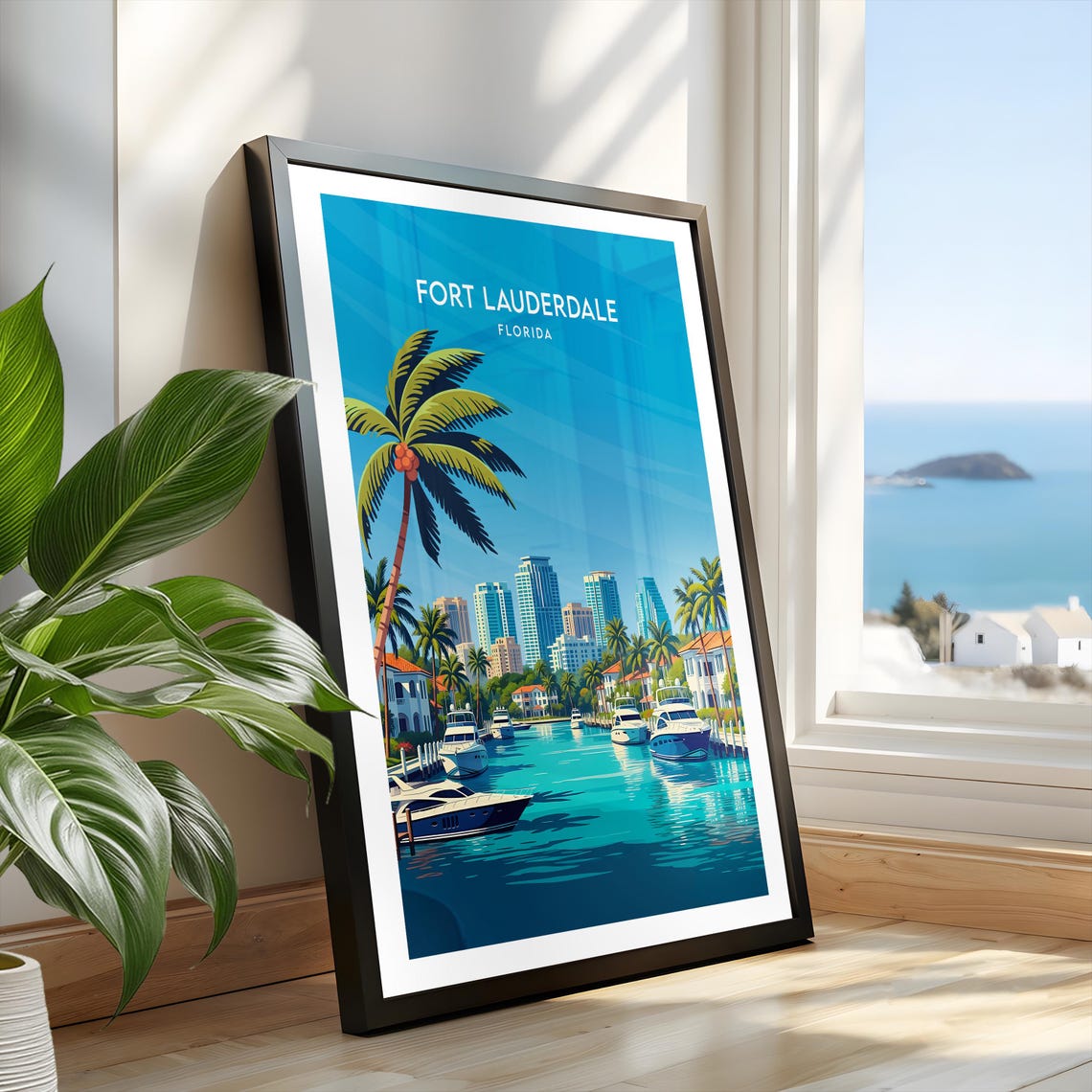 Fort Lauderdale Florida Yacht Harbor Skyline Palm Trees Poster - Image 2