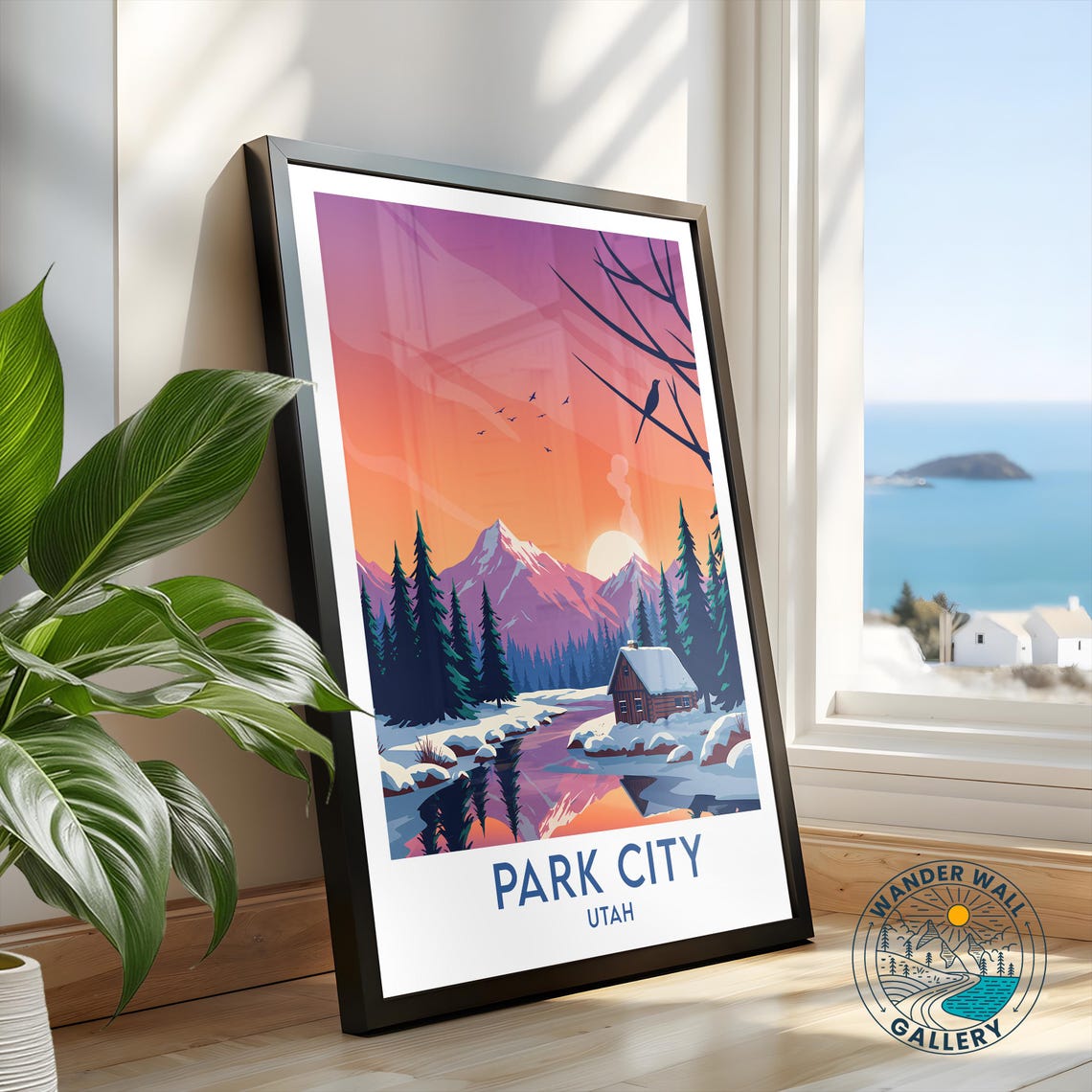 Park City Utah Snowy Mountain Cabin Sunset River Winter Poster - Image 2