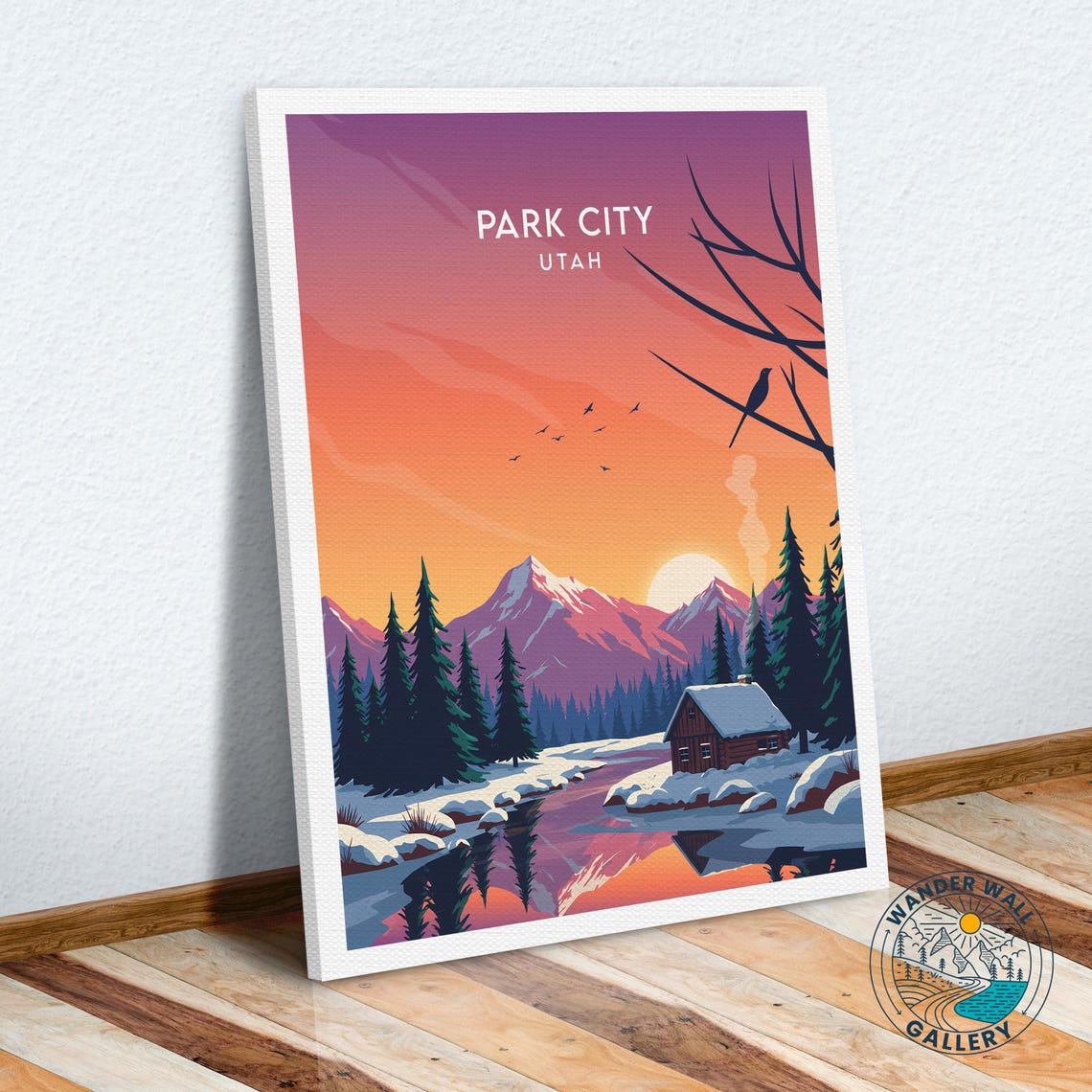 Park City Utah Winter Cabin Pink Sunset Snowy Peaks River Poster - Image 3