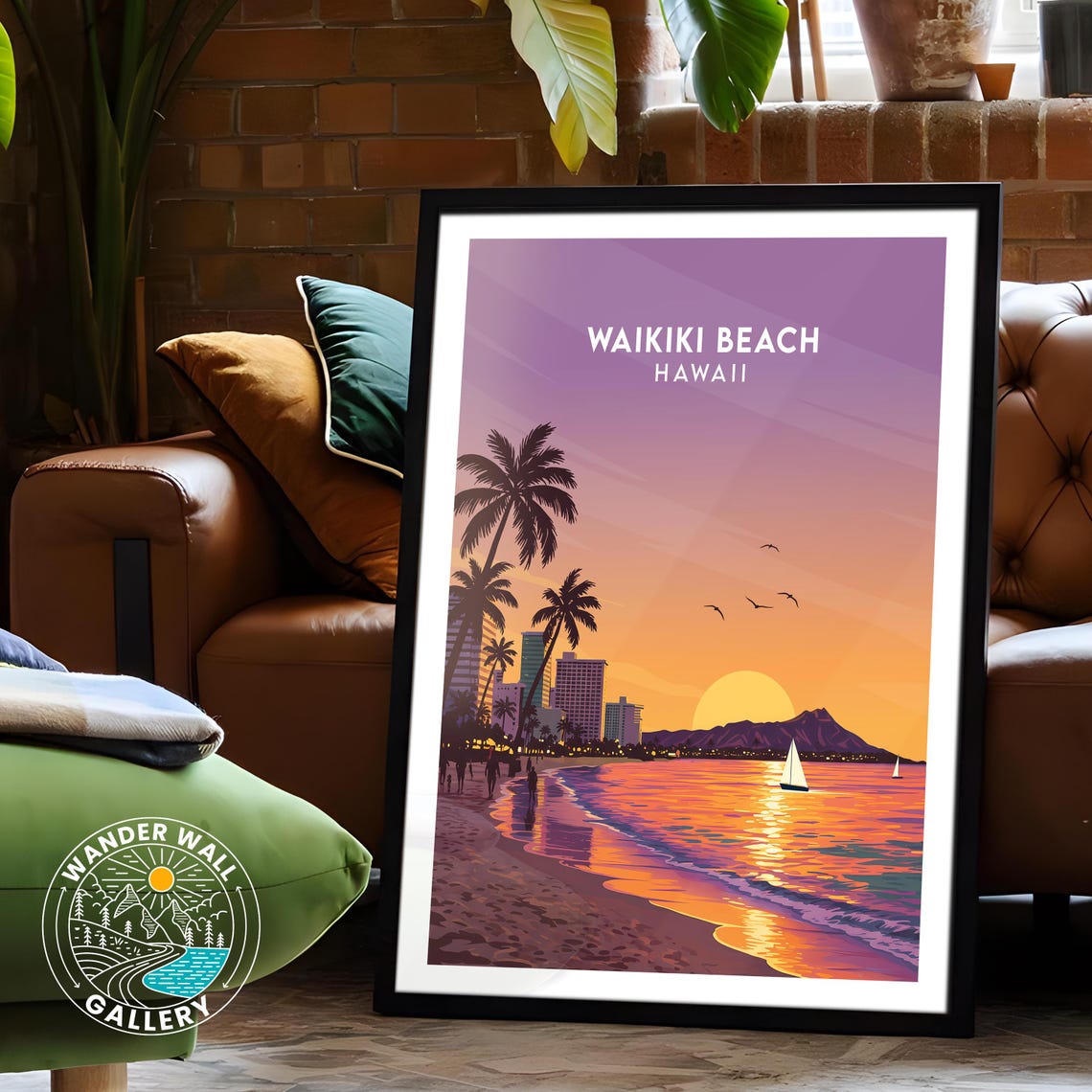 Waikiki Beach Hawaii Sunset Palm Trees Diamond Head Ocean Poster - Image 6
